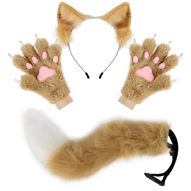 Furry Ears Gloves, Plush Long Tail, and Fluffy Paws Set - Transform into Your Fursona Alter Ego RoboRender