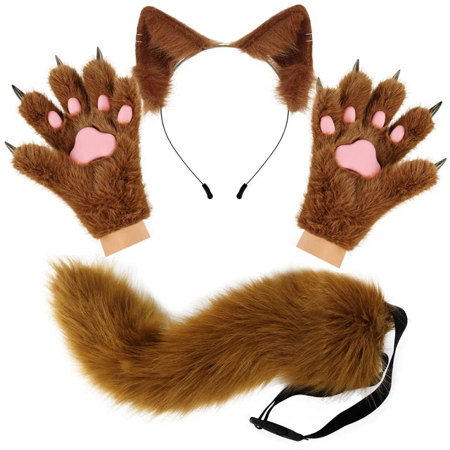 Furry Ears Gloves, Plush Long Tail, and Fluffy Paws Set - Transform into Your Fursona Alter Ego RoboRender