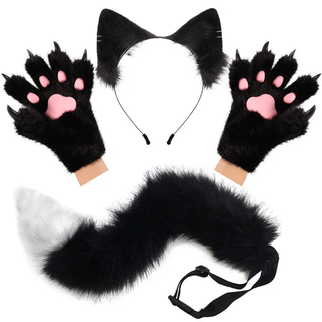 Furry Ears Gloves, Plush Long Tail, and Fluffy Paws Set - Transform into Your Fursona Alter Ego RoboRender