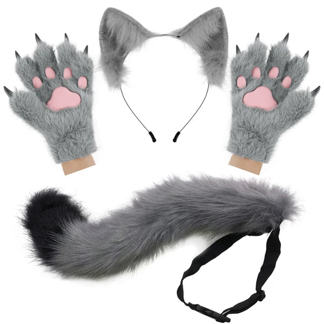 Furry Ears Gloves, Plush Long Tail, and Fluffy Paws Set - Transform into Your Fursona Alter Ego RoboRender