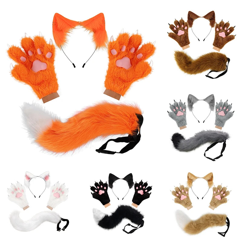 Furry Ears Gloves, Plush Long Tail, and Fluffy Paws Set - Transform into Your Fursona Alter Ego RoboRender