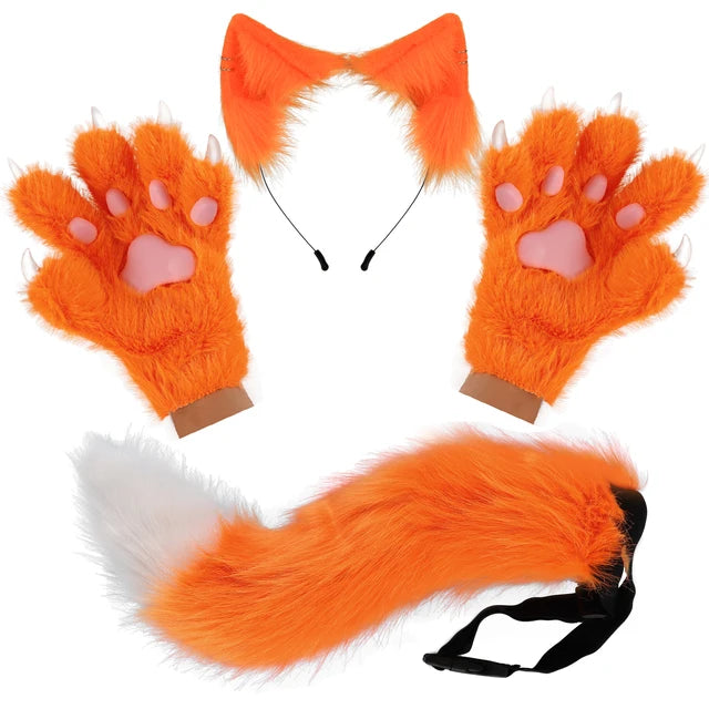 Furry Ears Gloves, Plush Long Tail, and Fluffy Paws Set - Transform into Your Fursona Alter Ego RoboRender