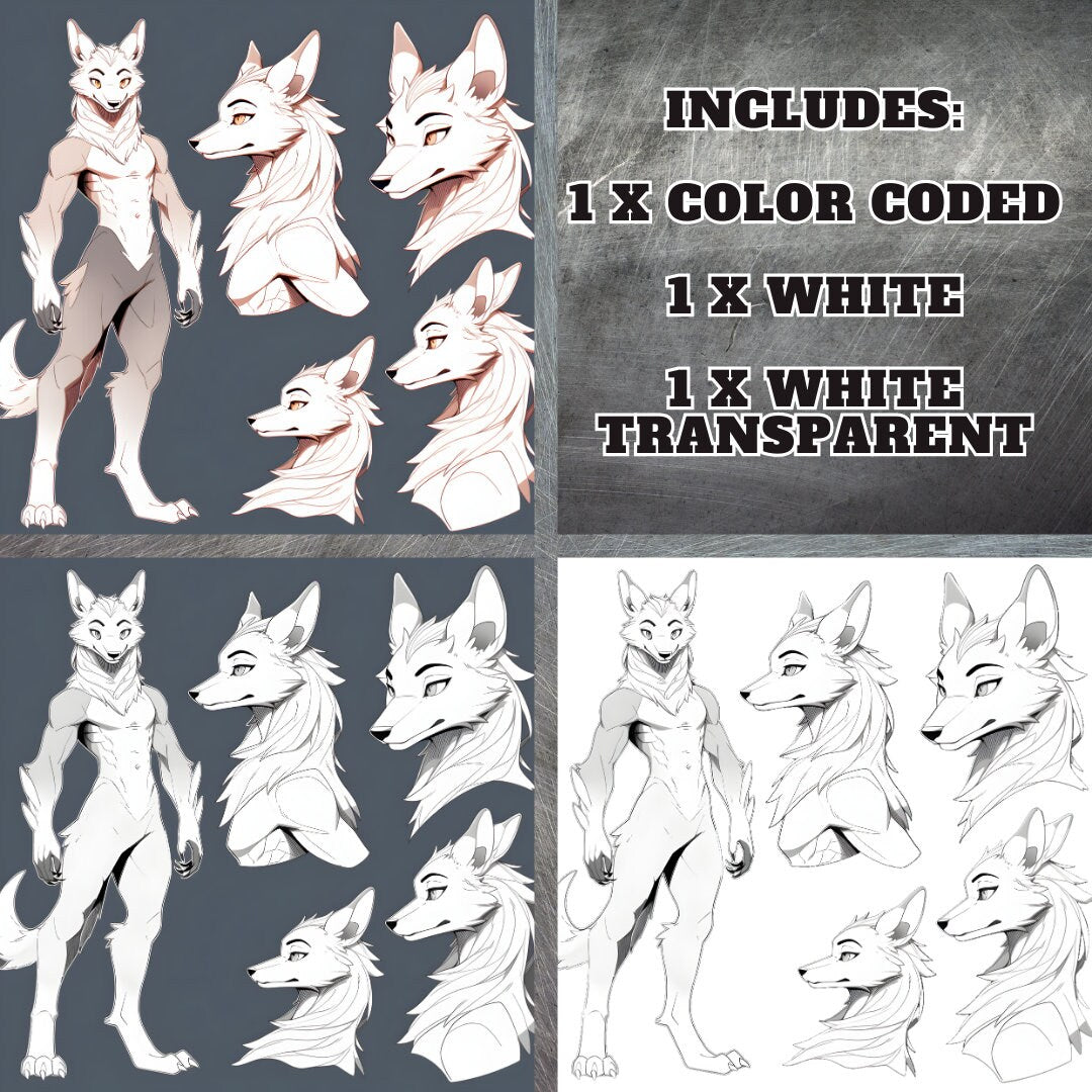 Gender Neutral Canine Furry Base: Canine Fursona Fox Dog Furry Base Adopt White Color Coded Transparent PNG Template Feral Anthro Line Art My Store