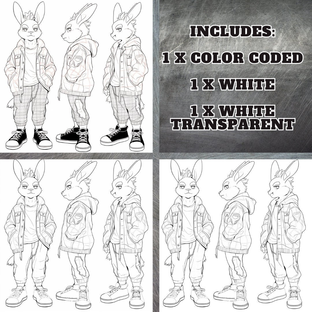 Feral Cool Rabbit Base Cute Furry: Chill Bunny Fursona Furry Base Adopt White Color Coded Transparent PNG Template Coloring Book Line Art My Store