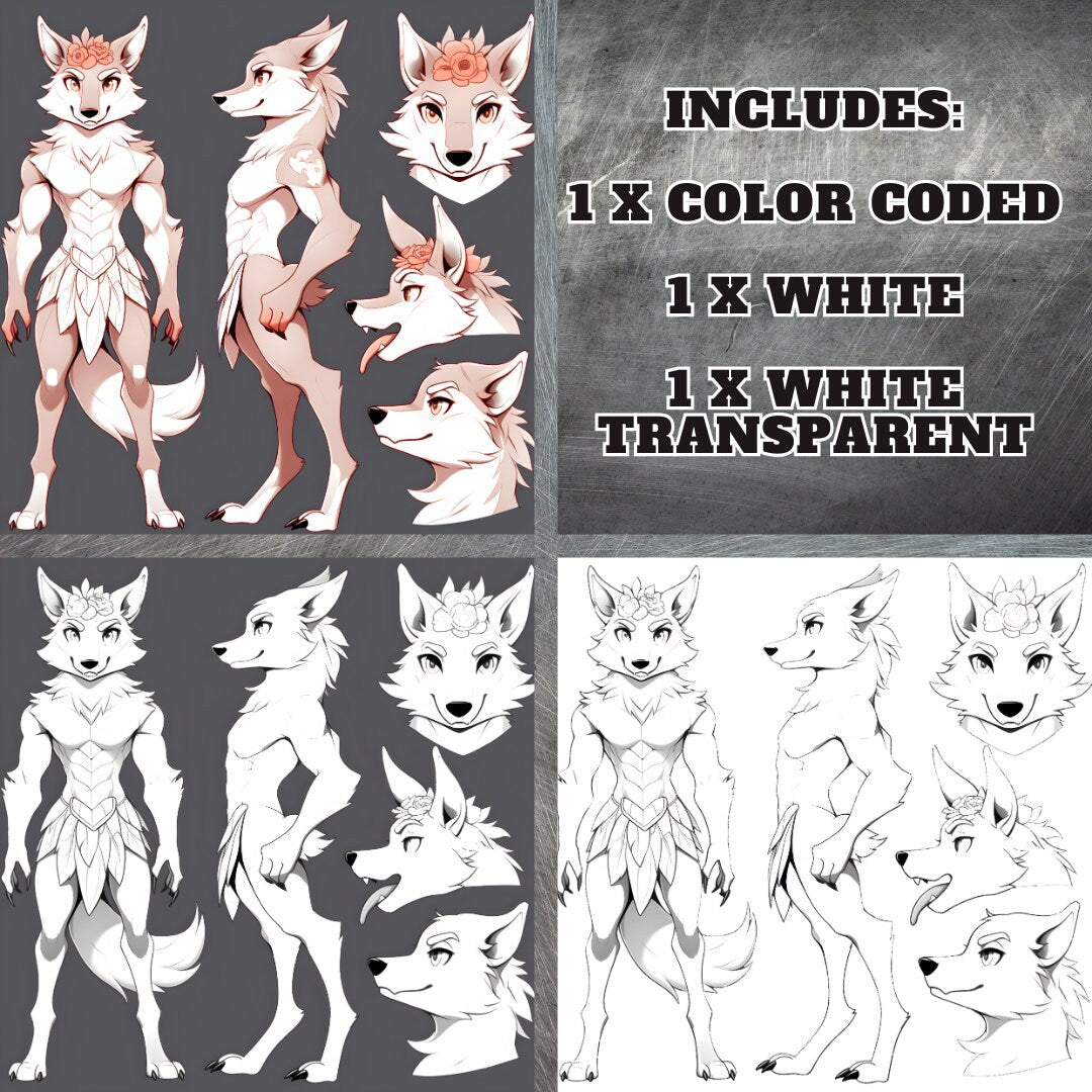 Feral Fox Base Canine Furry: Tribal Fox Fursona Furry Base Adopt White Color Coded Transparent PNG Template Coloring Book Line Art My Store