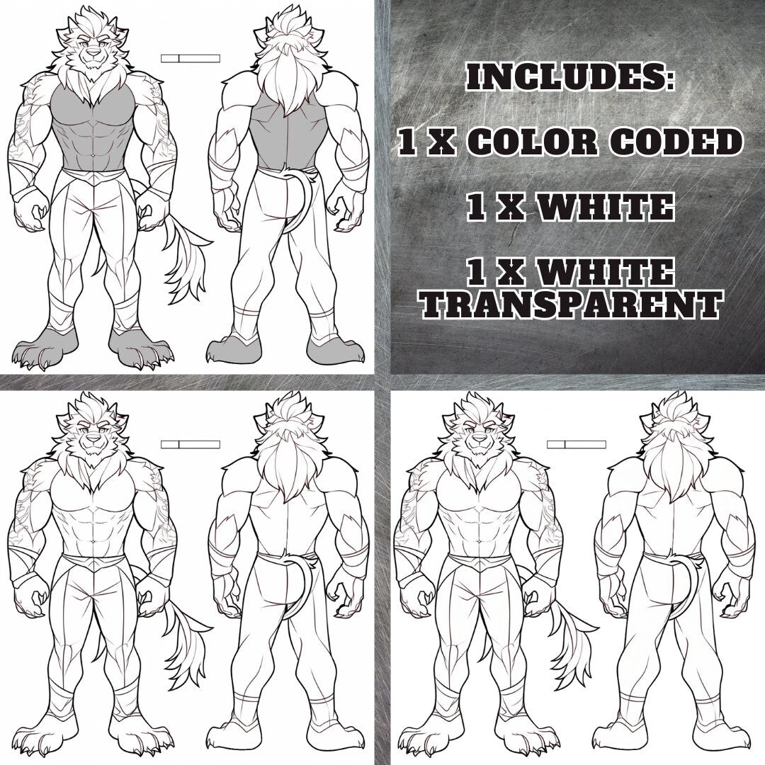 Feral Strong Lion Base Fursona Furry: Muscular Lion Fursona Furry Base Adopt White Color Coded Transparent PNG Template Coloring Book Line My Store